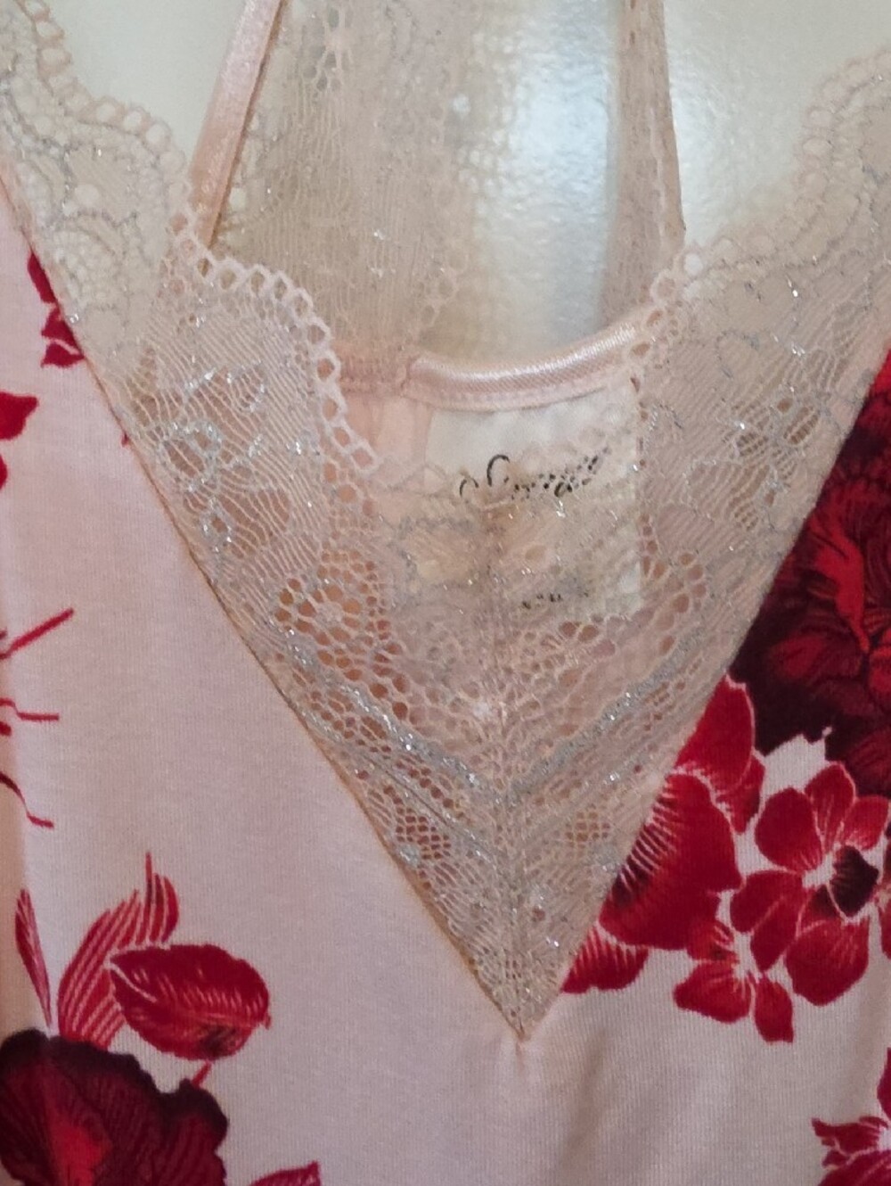 Soma Floral Racer-Back Cami - Pink with Red Rose Print and Lace Trim - Small - Picture 6 of 9